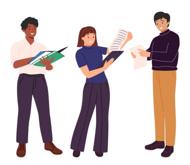 Elinde kağıt belgeler olan insanlar. Mutlu çalışan karakterler, uzmanlar, ellerinde pedleri olan danışmanlar. İş adamları, kadın danışmanlar. Düz vektör çizimi beyaz arkaplanda izole edildi