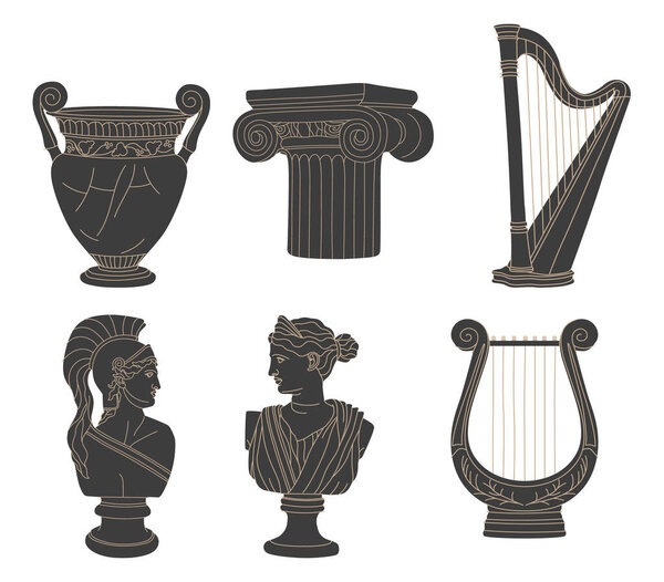 Various Antique statues, branch, amphora, column. Mythical, ancient greek or roman style. Hand drawn Vector illustrations. Stamp texture. Classic statues in modern style. All elements are isolated