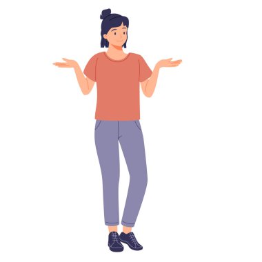 Gülümseyen, hayran olan mutlu bir kadın. Olumlu hisleri ve iyi duyguları olan memnun bir insan. Dokunaklı tepkiden memnun bir kadın. Düz vektör çizimi beyaz arkaplanda izole edildi