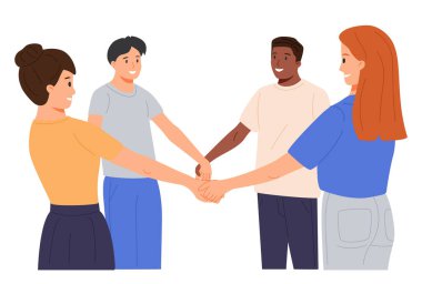 Düz vektör illüstrasyonunda el ele tutuşan mutlu insanlar. Yetişkin erkekler ve kadınlar çizgi film karakterleri gibi duruyorlar. Neşeli arkadaşlar dans gösterisi yaparlar. Uluslararası birliktelik kavramı.