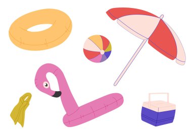 Yaz sahili seti. Deniz ve okyanusta bir tatilin karikatür nitelikleri, şemsiyeler, şişme halkalar, top, buzdolabı, yüzgeçler. Yaz tatillerinin vektör seti