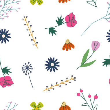 Çiçeksiz desen, tekrar eden arka plan. Sonsuz doku, kır çiçekleri, yaz çiçekleri, dallar, küçük kır çiçekleri. Tekstil, duvar kâğıdı ve ambalaj için botanik doğal düz vektör çizimi