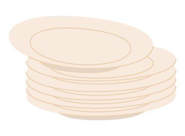 Karalama stilinde farklı konumlardaki vektör seramik plakalar. Bir yığın tabak, temiz tabaklar. El yapımı mutfak gereçleri, beyaz arka planda izole edilmiş çizimler..