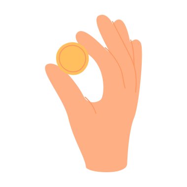 El ele altın para tutuş. Para ikonlu parmaklar. Finans, tasarruf konsepti. Soyut değişim, nakit. Finansal ikramiye, nakit para. Beyaz arkaplanda izole edilmiş renkli düz vektör çizimi.