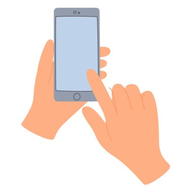 Cep telefonu elinde, parmak izi ekranda, telefon ekranına tıklama. Tutmak, akıllı telefon kullanmak, işaret etmek, kaydırmak, internette sörf yapmak. Düz vektör çizimi beyaz arkaplanda izole edildi