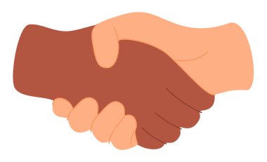 El sıkışıyoruz. İş ortakları tokalaşıyor. Ortaklık, anlaşma, anlaşma, saygı ve işbirliği, profesyonel iletişim konsepti. Düz grafik vektör çizimi beyaz arkaplanda izole edildi