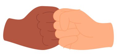 Takım destek konsepti. Grup yumruğu selamı. İki arkadaş yumruk atıyor. Anlaşma, ortaklık, birlik, dayanışma ve takım çalışmasında birliktelik. Düz vektör çizimi beyaz arkaplanda izole edildi