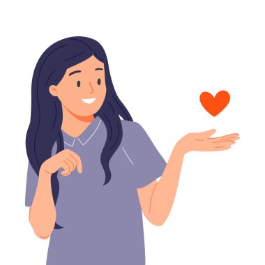 Kadın kalbini veriyor, sevgisini paylaşıyor, el hareketlerine yardım ediyor. Gönüllü bağış konsepti. Duygusal ifadesi olan mutlu, cömert bir kadın. Düz vektör çizimi, beyaz arkaplanda izole