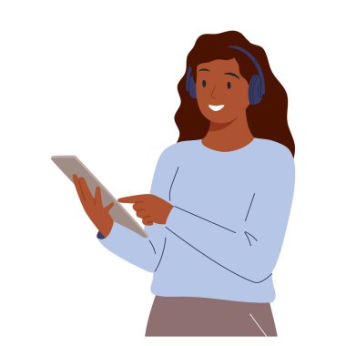 Müşteri hizmetlerinden gelen kulaklıklı bir kadın. Çevrimiçi danışmanlık ve yardım merkezi operatörü. İnternet danışmanı sorunları çözüyor. Düz vektör çizimi beyaz arkaplanda izole edildi