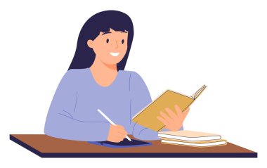 Dijital tablette sanatçı, çizim. Mutlu illüstratör, masada görevlerle oturan serbest yazar, kağıt notlarla ilgili fikirler. Yaratıcı uzaktan çalışma konsepti. Düz vektör çizimi beyaz arkaplanda izole edildi