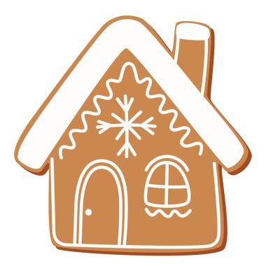 Noel zencefilli kurabiye evi. Tatlı kremalı ev yapımı kış kurabiyesi. Xmas zencefilli ekmeği şekerli şekerle süslenmiş. Tatil fırını sanatı. Düz vektör çizimi beyaz arkaplanda izole edildi