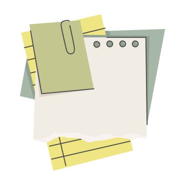 Not kağıtları. Not: Çıkartmalar. Yapışkan hatırlatıcılar, dikkat, önemli bilgiler için kare çarşaflar. Ofis kırtasiyesi. Düz vektör çizimi beyaz arkaplanda izole edildi