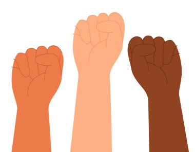 Yumruklar havada, protesto. Eller insan hakları ve özgürlük için savaşıyor ve mücadele ediyor. Eşitlik jesti. Devrim kavramı. Güç sembolü. Düz vektör çizimi beyaz arkaplanda izole edildi
