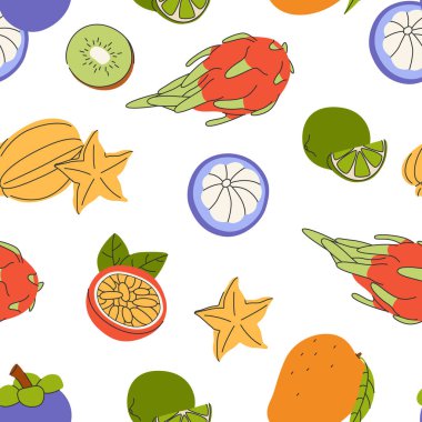 Meyve deseni. Kusursuz bir iz, tropik yaz yemekleri dilimleri. Bitmek bilmeyen ambalaj kağıdı, kumaş, tekstil dokusu, mutfak duvar kağıdı tasarımı. Yazdırılabilir düz vektör çizimi tekrarlanıyor