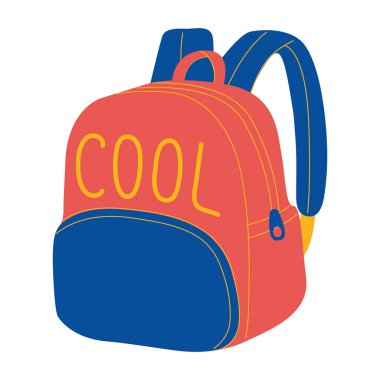 Beyaz arka planda izole edilmiş askıları ve cepleri olan modern renkli sırt çantaları. Seyahat ya da yürüyüş çantası. Renkli düz vektör çizimi