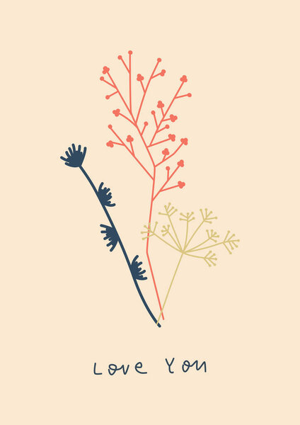 Flower card. Floral nature postcard, field plants, gentle wildflowers. Spring blossomed blooms, summer meadow herbs, stems, vertical romantic botanical background design. Flat vector illustration