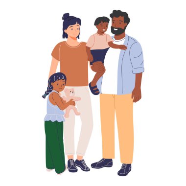 Asyalı anne, Afrikalı baba ve oğlu olan mutlu çok ırklı bir ailenin portresi. Irk ebeveynleri ve çocuk karışımı. Çocuk sahibi çift ırklı anne ve baba. Düz vektör çizimi beyaz arkaplanda izole edildi