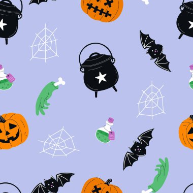 Çocuk hayaletler, balkabakları, kafatasları olan şirin bir Cadılar Bayramı tasarımı. Hayaletlerle, hortlaklarla kusursuz bir tatil geçmişi var. Sonsuz Cadılar Bayramı dokusu. Renkli düz grafik vektör çizimi