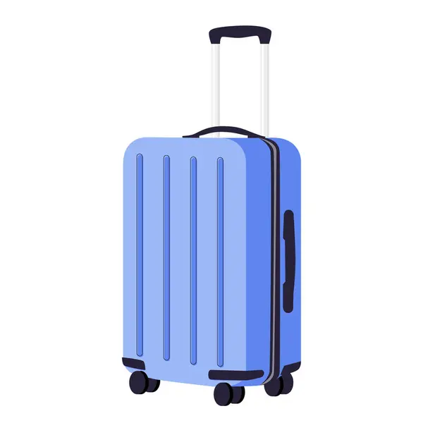 stock vector Hand luggage, baggage with handle and spinner wheels. Packed suitcase for holiday. Bag, travel accessory, touristic valise, case, carry-on. Flat vector illustration isolated on white background