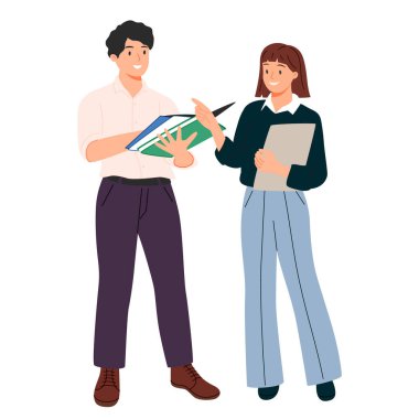 Ofis çalışanları, kadın ve erkek meslektaşlar. Erkek ve kadın profesyoneller, dosyalar tutan iş ortakları. İş arkadaşı çifti, iş ekibi. Düz vektör çizimi beyaz arkaplanda izole edildi