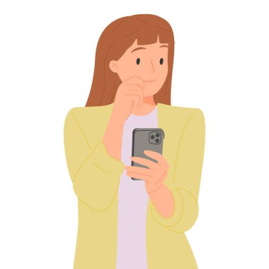 Mutlu kadın fotoğraf çekiyor, cep telefonuyla fotoğraf çekiyor. Akıllı telefon tutan, çekim yapan, cep telefonuyla video kaydeden, cep telefonu kullanan bir genç. Düz vektör çizimi beyaz arkaplanda izole edildi