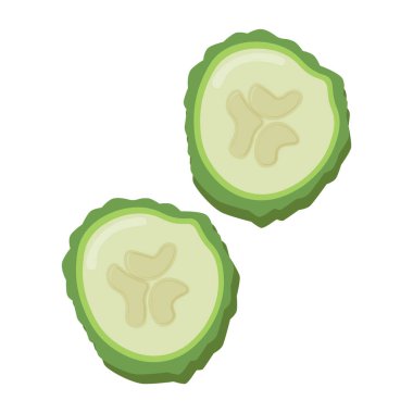 Salatalık dilimleri. Taze yeşil sebze, kesilmiş parçalar, tohumlu bölümler. Sağlıklı çiğ yiyecekler. Şekillendirilmiş sebzeler. Düz vektör çizimi beyaz arkaplanda izole edildi