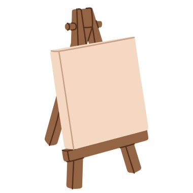 Boş tuvalli ahşap sehpa. Resim ve çizim için sanat malzemeleri. Tahta tripod tezgahında temiz boş kağıt, geleneksel sanatçı ekipmanları, alet. Düz vektör çizimi beyaz arkaplanda izole edildi