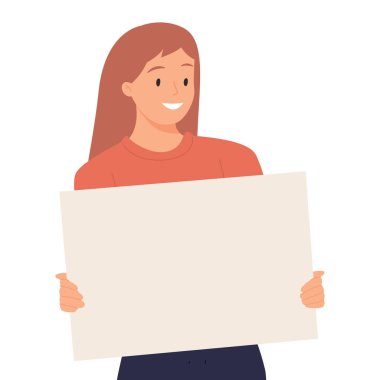 Beyaz arka planda boş pankart gösteren genç bir kadın. Gülümseyen kız elinde boş bir pankart ve mesaj için bir yer tutuyor. Çizgi film tarzında vektör illüstrasyonu