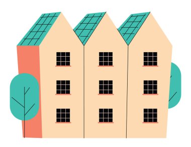 İskandinav evi ve ağacı. Pencereli, rahat balkonlu şirin bir Scandi evi. İskandinav tarzı bir İsveç tuğlası bina. Beyaz arkaplanda izole edilmiş çocuksu düz vektör çizimi