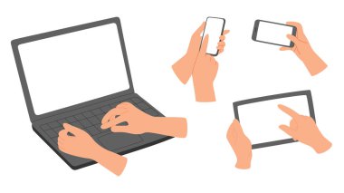 Gadget ekranları ayarlandı. Tutma, cep telefonu kullanma, dijital tablet, dizüstü bilgisayar, akıllı telefon, cep telefonu, teknoloji ekran modeli. Düz vektör çizimi beyaz arkaplanda izole edildi