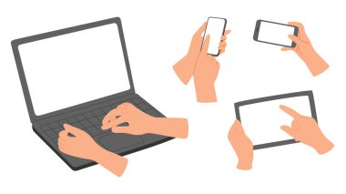 Gadget ekranları ayarlandı. Tutma, cep telefonu kullanma, dijital tablet, dizüstü bilgisayar, akıllı telefon, cep telefonu, teknoloji ekran modeli. Düz vektör çizimi beyaz arkaplanda izole edildi