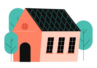 İskandinav evi ve ağacı. Pencereli, rahat balkonlu şirin bir Scandi evi. İskandinav tarzı bir İsveç tuğlası bina. Beyaz arkaplanda izole edilmiş çocuksu düz vektör çizimi