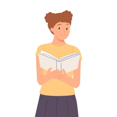 Kitap okuyan kadın. Odaklanmış öğrenci karakteri açık ders kitabı tutuyor, öğrenme ve çalışma ile meşgul. Kadın okuyucu. Eğitim, bilgi kavramı. Düz vektör çizimi beyaz arkaplanda izole edildi