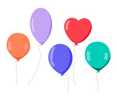 Hava balonu yükseliyor. Kutlama balonları sıraya dizildi. İpler üzerinde bayram helyum balonları süzülüyor, uçuyor. Doğum günü süsü, süs, hediye. Düz vektör çizimi beyaz arkaplanda izole edildi