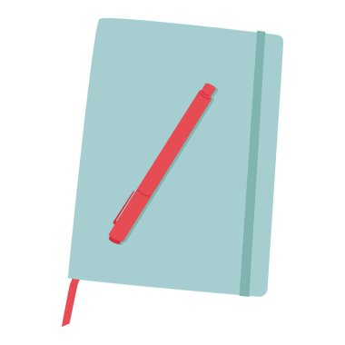 Kalemle birlikte not defteri. İş planlamacısı, kayıt tutma, yazma, planlama günlüğü. Organizatör, ofis kırtasiyesi. Kapalı defter, not defteri. Düz vektör çizimi beyaz arkaplanda izole edildi