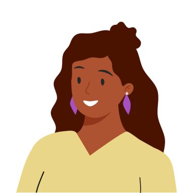 Afro-Amerikalı kız avatarın kutlu olsun. Gülümseyen genç zenci kadın, portre. Çilli kadın karakter, kabarık saç modeli, küpe. Düz vektör çizimi beyaz arkaplanda izole edildi