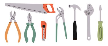 Çeşitli çalışma araçları. Farklı enstrümanlar. İnşaat, bina, tamir konsepti. Elle çizilmiş vektör ayarlandı. Tüm elementler izole edildi