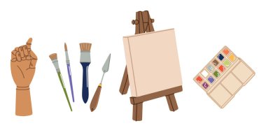 Çeşitli sanat aletleri, malzemeler, ekipmanlar. Mankenler el, mürekkep, fırça kiti, kalem, boya paleti, yağ tüpü boyası. Elle çizilmiş Vektör çizimi. İzole elementler
