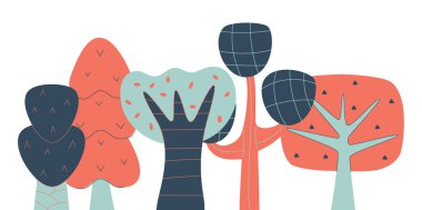 Ağaçlar, orman bitkileri yatay sırada. Ormandan düşmek. Tarzlı gövdesi olan orman doğası, İskandinav sade saf tarzıyla taçlandırılmış. Beyaz arkaplanda izole edilmiş şirin karalama düz vektör çizimi