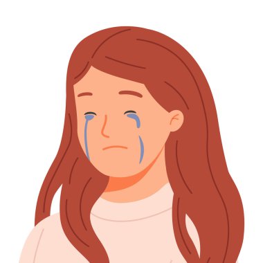 Gözyaşları içinde ağlayan kadın. Üzgün depresif kadın umutsuzluk, keder ve keder içinde ağlıyor. Üzüntü, hüsran, melankolik, umutsuz duygular. Düz vektör çizimi beyaz arkaplanda izole edildi.