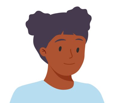 Afro-Amerikalı kadın avatar. Siyah kız, kıvırcık saçlı pofuduk çörekli ergen, gülümsüyor. Modern tarz kadın portresi, sıradan saç stili. Düz grafik vektör çizimi beyaz arkaplanda izole edildi