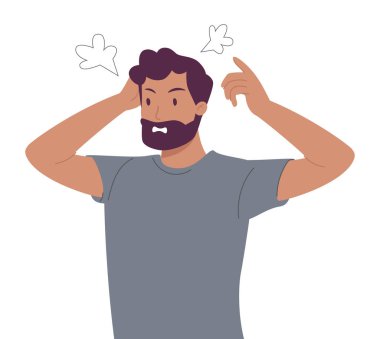 Sinirli, sinirli adam. Öfke, öfke, duygusal gerilim, öfke ve nefret. Sinir bozucu, öfkeli, kulakları çınlayan biri. Düz vektör çizimi beyaz arkaplanda izole edildi