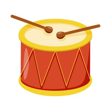 Çubuklu davul. Şenlikli karnaval perküsyonu, yürüyüş için çapraz çubuklu müzik enstrümanı, ritim, tempo ve yüksek ses, gürültü. Düz vektör çizimi beyaz arkaplanda izole edildi