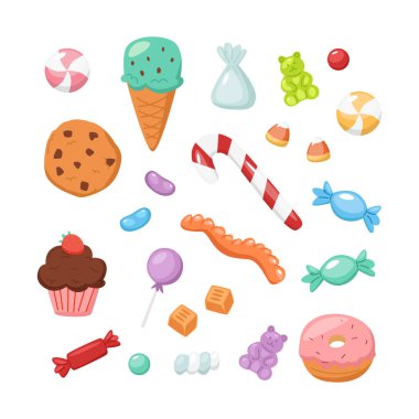 Şekerler ve şekerler. Şekerleme tatlısı, şeker aperatifleri. Jelibon, jöle, çikolata, karamel, lolipop ve bonbon, lokum. Şekerleme hazır. Düz vektör çizimi beyaz arkaplanda izole edildi