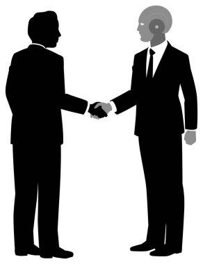 Erkek işadamı, yapay zeka işadamıyla el sıkışıyor.