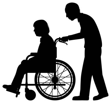 Elderly couple taking a walk in a wheelchair clipart