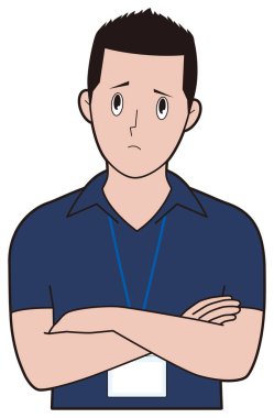 Erkek spor hocası kollarını kavuşturarak düşünüyor.