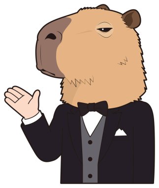 Smokinli bir adam Capybara maskesi takıyor.