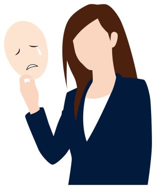 Kadın bir işadamı, ağlayan yüz maskesini çıkarır.