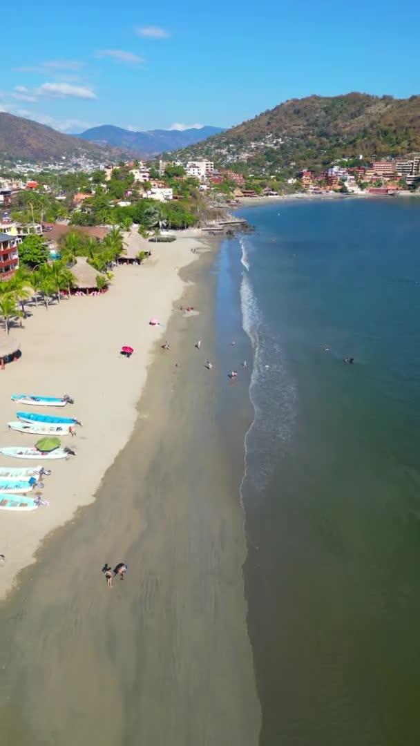 Vista Vertical Aérea Playa Zihuatanejo Arena Agua Árboles Barcos Imágenes — Vídeos de Stock